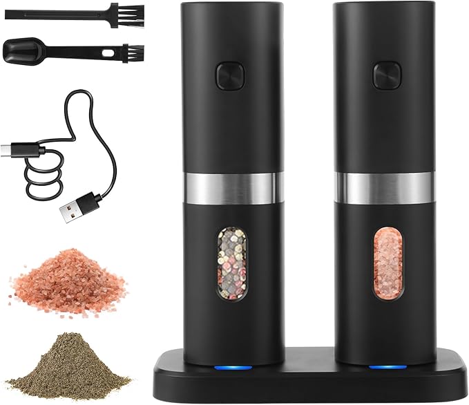 Syaws Electric Pepper and Salt Grinder,Battery Powered Pepper Grinders,Automatic Pepper Mill with LED Light,Adjustable Coarseness One-Hand Operation (Black-Rechargeable Set)