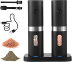 Syaws Electric Pepper and Salt Grinder,Battery Powered Pepper Grinders,Automatic Pepper Mill with LED Light,Adjustable Coarseness One-Hand Operation (Black-Rechargeable Set)