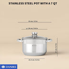 Daniks Standard Stainless Steel Stock Pot with Glass Lid – Induction 7 Quart, Dishwasher Safe, Measuring Scale, For Soup, Pasta, Stew, Silver
