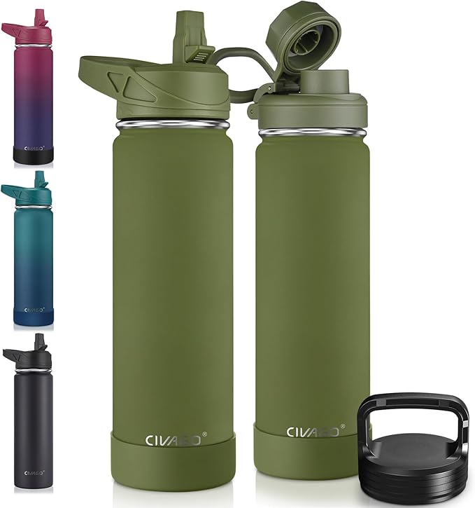 CIVAGO 22 oz Insulated Water Bottle With Straw, Stainless Steel Sports Water Flask Cup with 3 Lids (Straw, Portable Spout and Handle Lid), Double Walled Travel Thermal Canteen Mug, Army Green