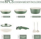 Ceramic Cookware Set Non Stick 8Pcs Pots and Pans Set Detachable Handle Induction Kitchen Cooking Set with Frying Pans Oven Dishwasher Safe, PFAS/PFOA Free, Forest Green