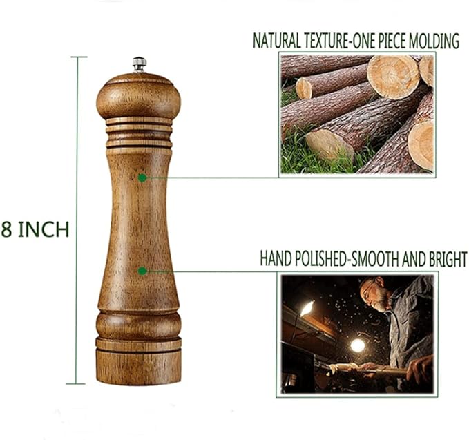 Wooden Pepper Mill Set Salt Black Pepper Grinder Kit Manual Mills Solid with Strong Adjustable Ceramic Grinders 2 Piece 8 Inches