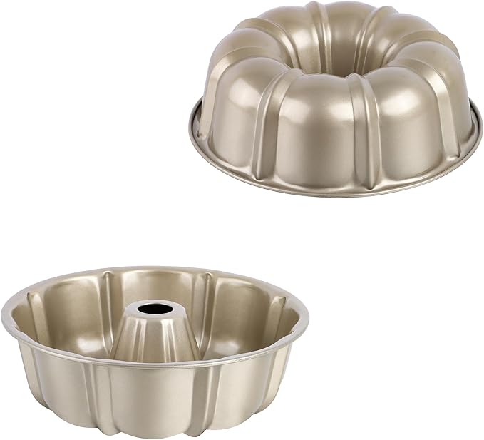 E-far 2 Packs Tube Cake Pan, 10 Inch Nonstick Fluted Pan for Baking Pound Cake, Heavy Duty Carbon Steel Round Baking Mold, Easy Release & Easy to Clean, 10 Cup, Champagne Gold