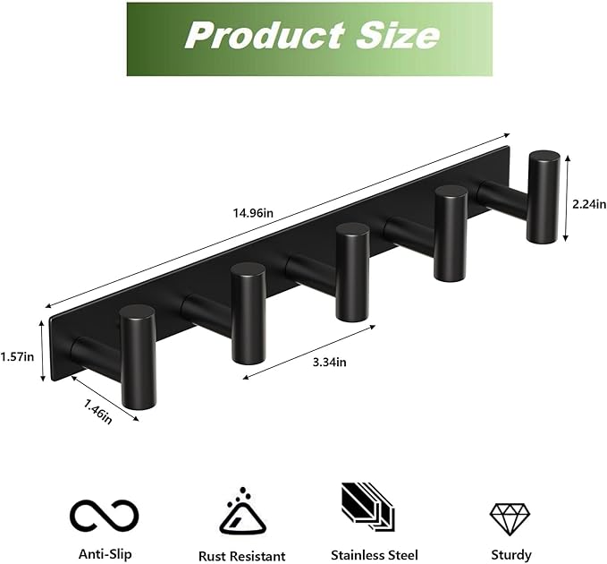 Coat Rack Wall Mounted with 5 Hooks,Metal Wall Hooks for Hanging Towel Coat Bag, Stainless Steel Coat Hooks Hat Rack Coat Hanger Towel Hooks for Entryway Bathroom Kitchen (Black, 2 Packs)