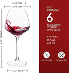 UMI UMIZILI Wine Glasses 15.5oz, Set of 6 Wine Glass for Red White Wine, Long Stem Glassware, Clear, Dishwasher Safe