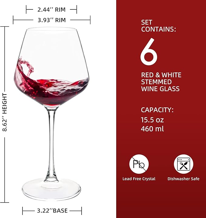 UMI UMIZILI Wine Glasses 15.5oz, Set of 6 Wine Glass for Red White Wine, Long Stem Glassware, Clear, Dishwasher Safe