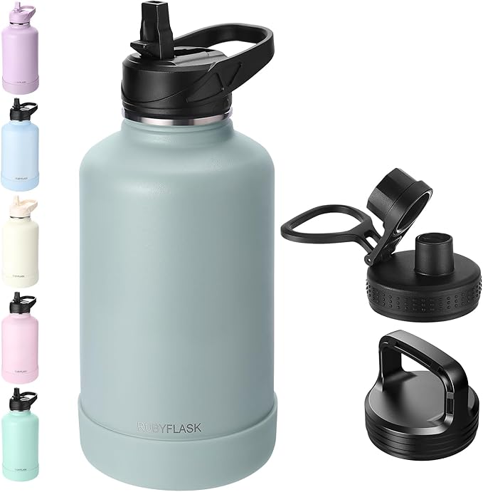 64oz Insulated Water Bottle with Straw, Half Gallon Stainless Steel Vacuum Water Jug, Large Thermal Water Bottle Flask with Leakproof 3 Lids for Travel, Camping, Gym Sports Sage