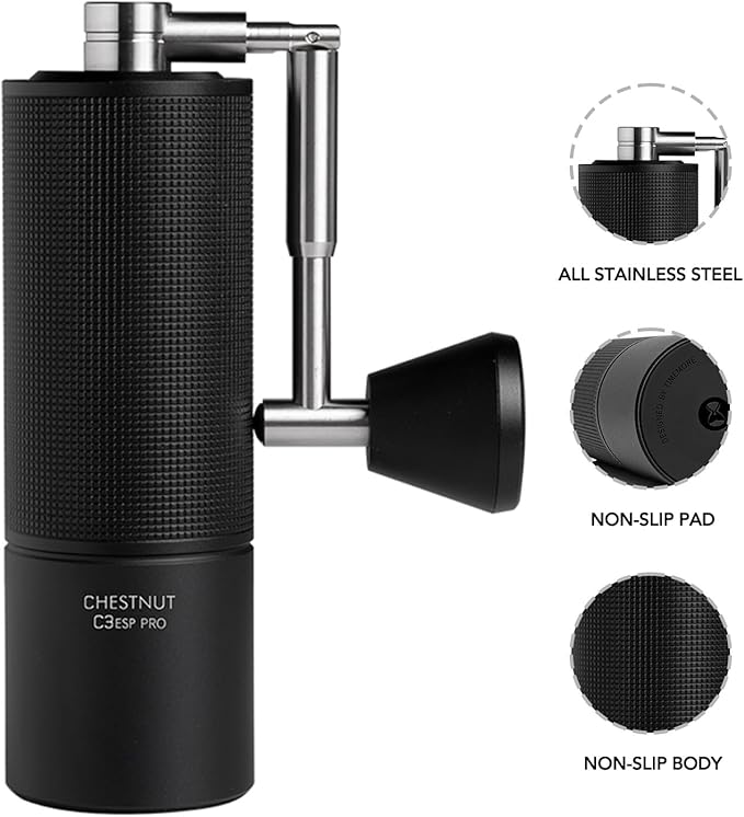 TIMEMORE Manual Coffee Grinder Stainless Steel Espresso Coffee Bean Grinder with Foldable Handle Chestnut C3 ESP PRO Internal Adjustable Setting, Double Bearing Positioning Black