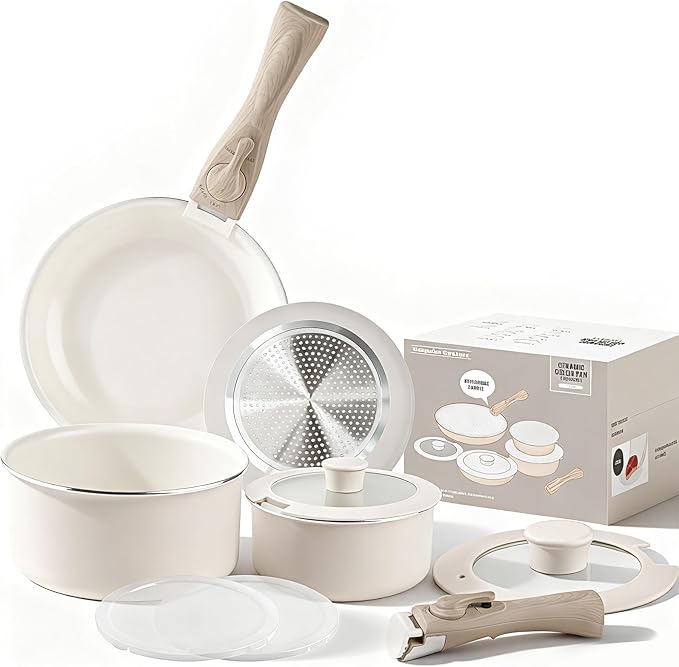 10-Piece Ceramic Nonstick Cookware Set, PFAS/PFOA/PTFE-Free & Non-Toxic Pots and Pans Set with Detachable Handles, Dishwasher Safe & Induction Compatible for Kitchen & RV Cooking