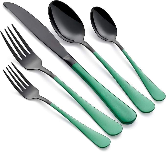 20-Piece Green Silverware Set 18/0 Stainless Steel Silverware Set Green Handle Cutlery Black Set Service for 4 Dinner Knives Forks Spoons Set Flatware SetFinish Dishwasher Safe
