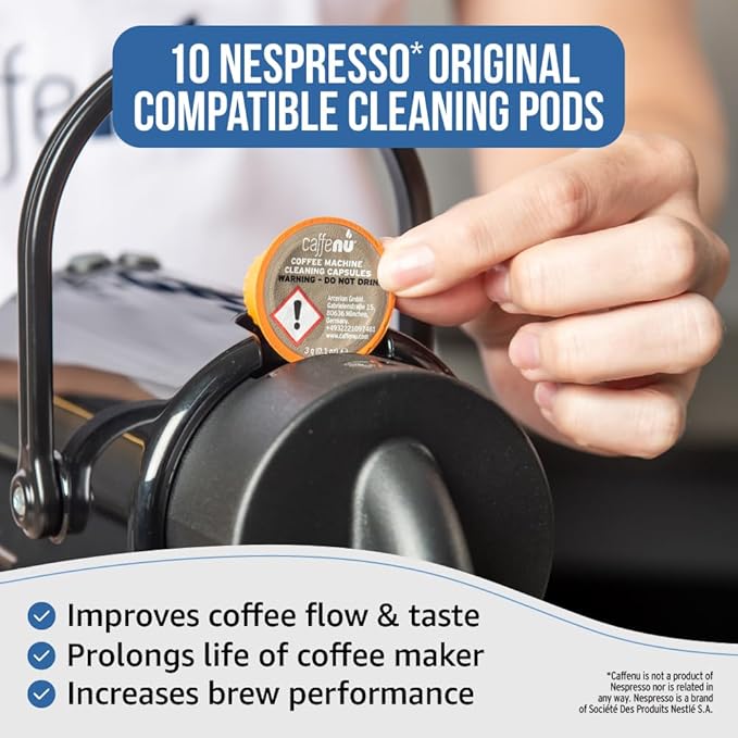 Nespresso Compatible Cleaning Pods. 10 Cleaner Capsules. Improved Coffee Flavor. For Nespresso Originaline, Use with Descaling Kit.