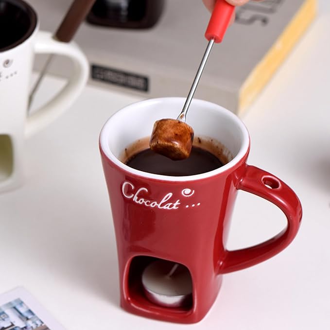 Ceramic Fondue Pot Set, Chocolate Mug With Forks, Perfect For Butter And Cheese Melting,Multipurpose,Personal Cheese Melting Cup