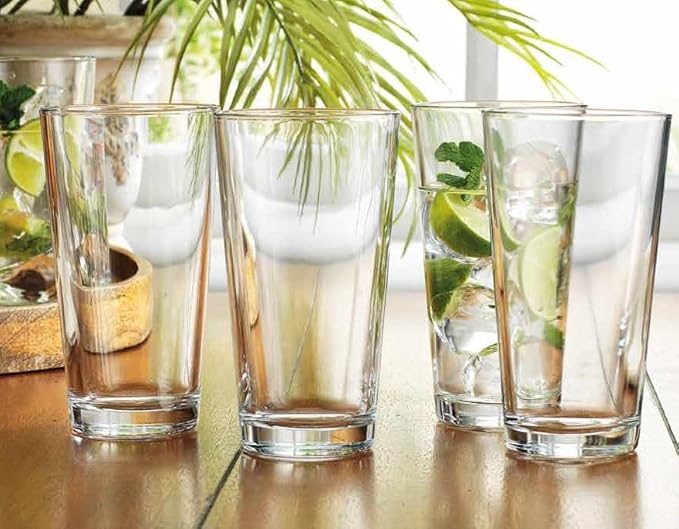 Drinking Glasses Set of 4 Highball Glass Cups 17 oz by Home Essentials Water Colins Cooler Beverage Glassware. For the Bar, Beer, Juice, Iced Tea, and Cocktails. Dishwasher Safe.