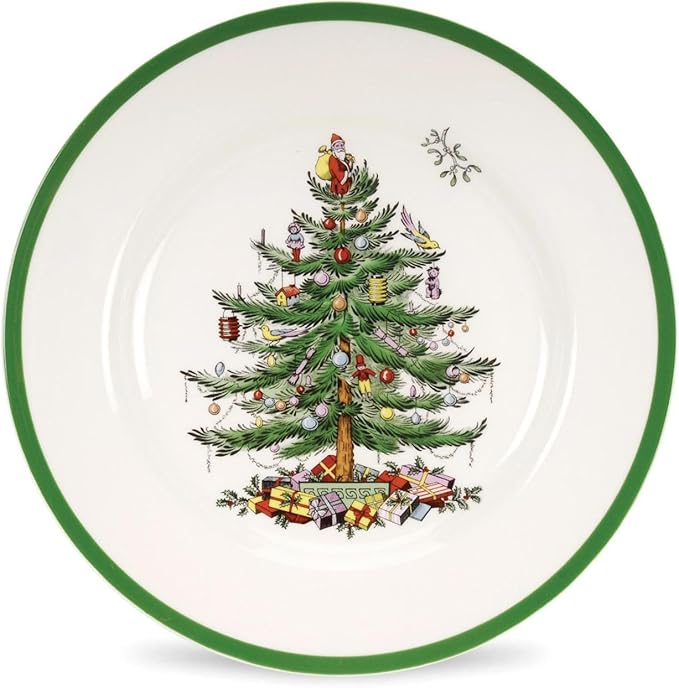 Spode Christmas Tree 10.5" Dinner Plate - Festive Holiday Stoneware Plate with Christmas Tree Design, Green Bordered Edges, Microwave, Dishwasher, Freezer, Oven Safe - Collectible Holiday Tableware