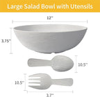 TP Melamine Salad Bowl with Utensils, 12-Inch Large Serving Bowl for Fruits Snacks Pasta, White