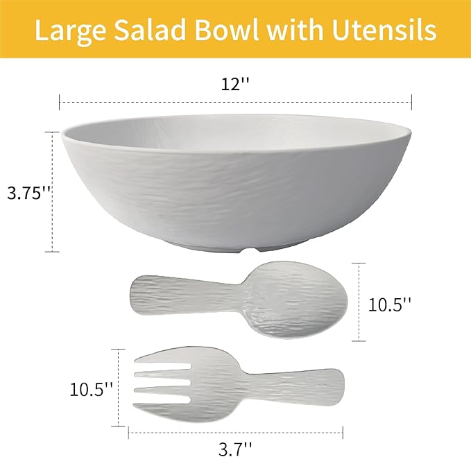 TP Melamine Salad Bowl with Utensils, 12-Inch Large Serving Bowl for Fruits Snacks Pasta, White