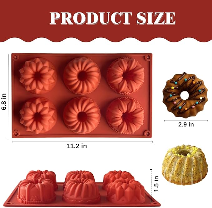 2PCS Mini Bundt Cake Silicone Pans, 6-Cavity Fluted Tube Cake Mold, Nonstick Baking Mold for Cupcake, Donut, Jelly, Brownie