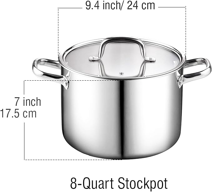 Cook N Home Stainless Steel Stockpot 8 Quart, Tri-Ply Clad Soup Pot with Glass Lid, Induction Compatible, Heavy Duty Canning Pot, Dishwasher Oven Safe, Silver