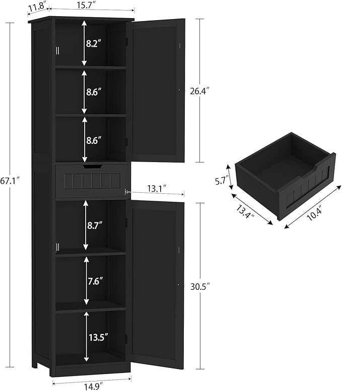67" H Tall Storage Cabinet with 2 Doors and 1 Drawer, Narrow Black Cabinet with Adjustable Shelves, for Bathroom, Living Room, Entryway, Kitchen, Black