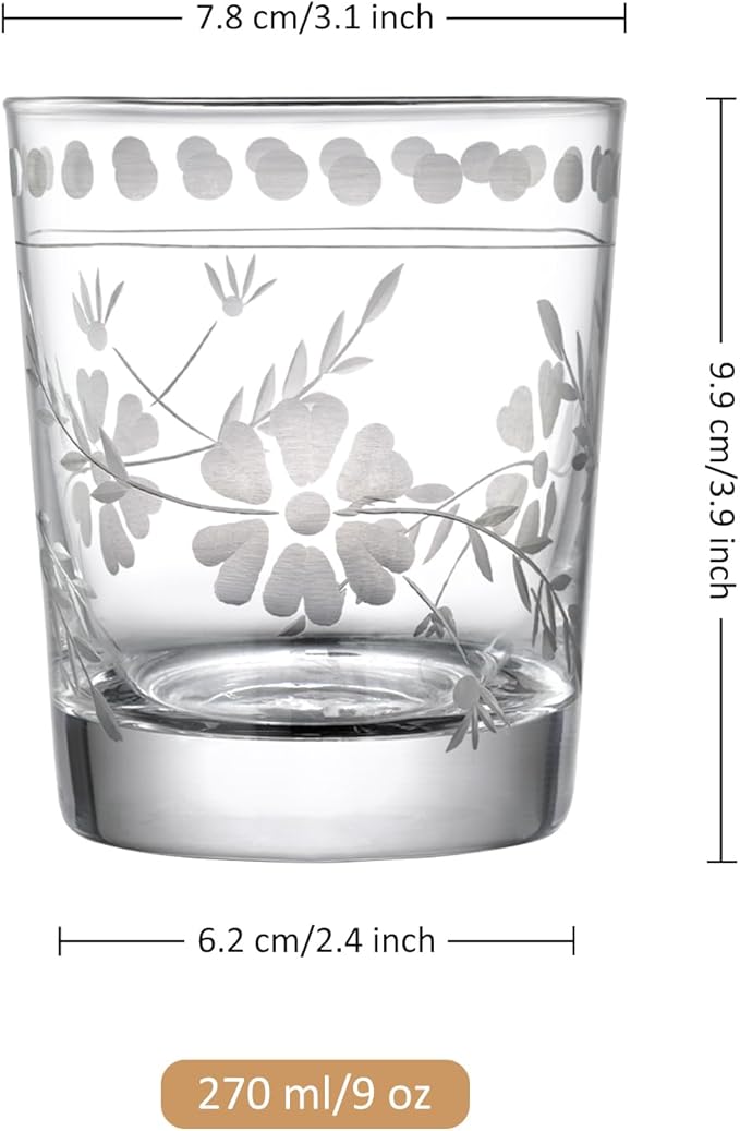Joeyan Hand Blown Etched Drinking Glasses,Clear Water Glass Cups with Floral Pattern,Aesthetic Tumblers Glassware Set for Beverages Juice Cocktail Whiskey,9 oz,Set of 4,Dishwasher Safe