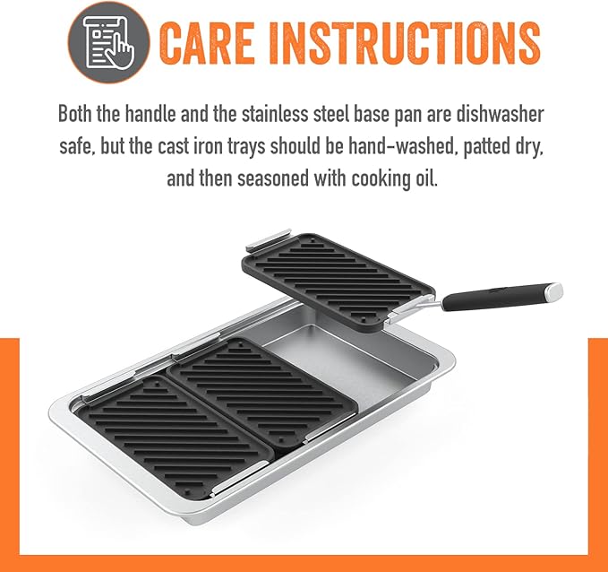 Yukon Glory Sear 'N Serve Cast Iron Grill Pan Set, 3 Cast Iron Grill Baskets with Serving Tray & Clip-On Handle, for Stovetop or Outdoor Grills