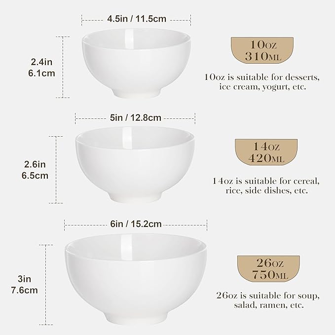 MALACASA 26 oz Porcelain Soup Bowls, White Ceramic Cereal Bowls for Kitchen 6 inch Bowls Set of 6 for Oatmeal Salad Fruit Rice Dishwasher and Microwave Safe, Series Regular