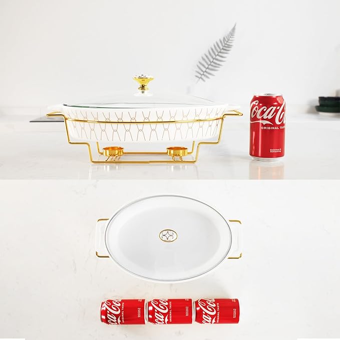 12" x 8" Ceramic Oval Casserole Dish with Glass Lid and rack, 54 ounce Serving Soup Tureen,Chafing Dish for Buffet, Family Food preserve Tray, Catering Casserole for Party Style, White