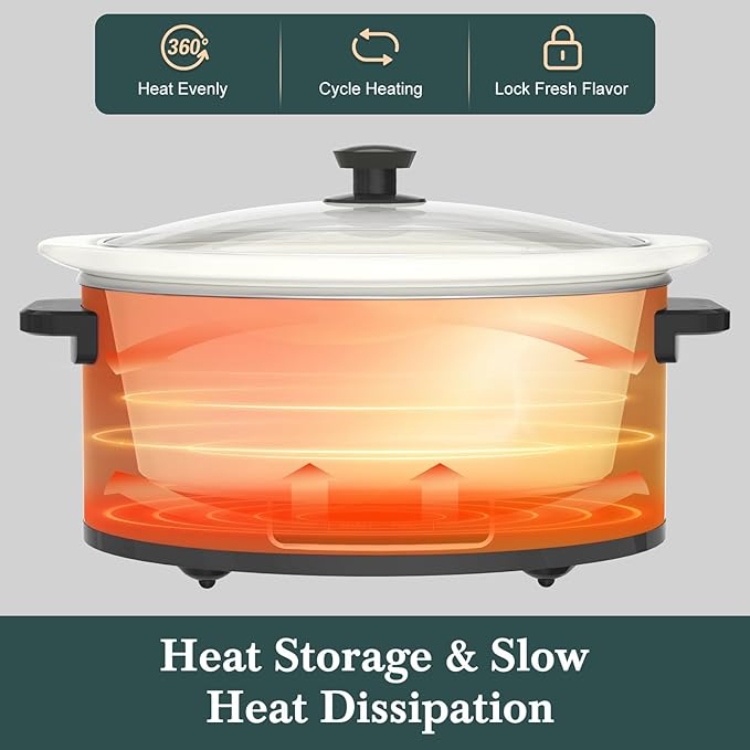 HOMECOOKIN 6-Quart Programmable Slow Cooker with Timer - Small Kitchen Appliance for Family Dinners - Serves 6+ People - Heat Settings: Keep Warm(White)