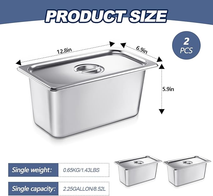 Mifoci 2 Pack Stainless Steam Hotel Pan with Lid, 1/3 Size x 6 Inch Deep Steam Table Pan Restaurant Supplies Reusable Anti Rust Water Tool for Home, Party, Restaurant, Hotel, Buffet