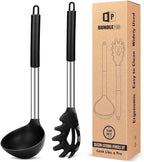 Silicone Pasta Fork and Ladle Spoon Set, Large Non Stick Kitchen Utensils for Cooking,Stirring,Serving Spaghetti, Soup, Sauce (BLACK)