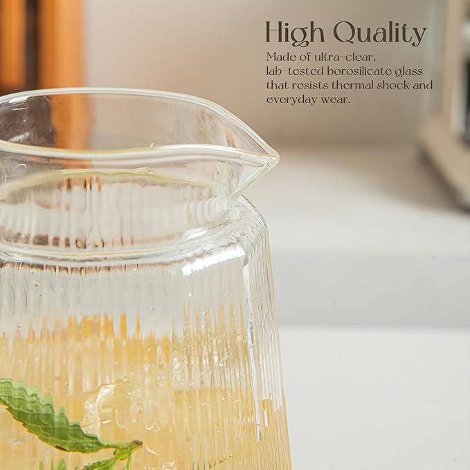 71oz Glass Pitcher with Lid, Ribbed Beverage Carafe for Hot & Cold Drinks, Water Jug with Handle for Juice, Tea, Milk, Iced Coffee – Heat Resistant Glass Serveware (1)