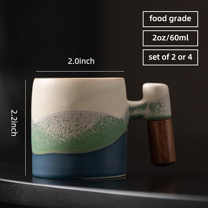 2-Oz Ceramic Espresso Cups with Wood Handle, 2/4-Piece Set for Coffee, Tea, Latte - Dishwasher Safe, Multi-Color & Wood Styles, Gift & Café Use (Kiln turning blue, Wooden Handle2)