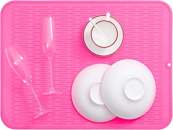 Silicone Dish Drying Mat for Multiple Usage,Easy clean,Eco-friendly,Heat-resistant Silicone Mat for Kitchen Counter or Sink,Refrigerator or Drawer Liner Rose 2XL 24 inches x 18 inches