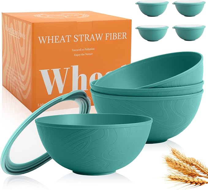 40 OZ Wheat Straw Bowls with Lids Set, 4 PCS Unbreakable Salad Bowls with Lid, Alternative Plastic Food Containers with Lids for Lunch, Microwave & Dishwasher Safe Kitchen Bowl Set, Green