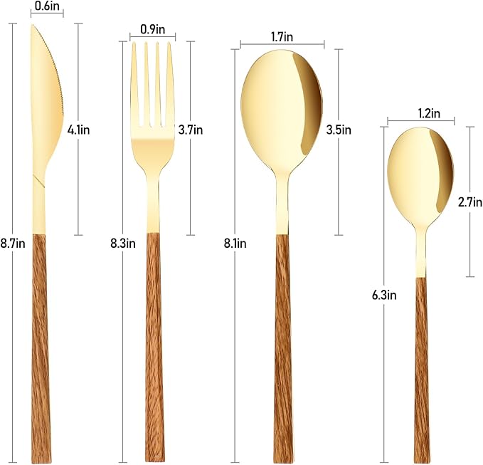 Stainless Steel Flatware Set for 4, Cutlery Utensils Set with Simulated Wooden Handle Include Knives Forks Spoons Service for 4, Mirror Polished and Dishwasher Safe (Gold)