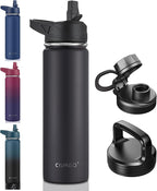 CIVAGO 22 oz Insulated Water Bottle With Straw, Stainless Steel Sports Water Flask Cup with 3 Lids (Straw, Portable Spout and Handle Lid), Double Walled Travel Thermal Canteen Mug, Black