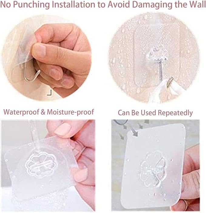 DDMY Hooks for Hanging, 50 Pack Wall Hooks 50lb(Max) Transparent Reusable Waterproof Adhesive Hook for Kitchen Curtain, Towel Hook for Bathrooms, Heavy Duty Self Coat Hook for Walls No Damage