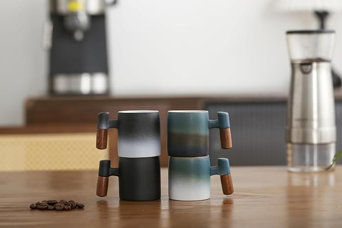 2-Oz Ceramic Espresso Cups with Wood Handle, 2/4-Piece Set for Coffee, Tea, Latte - Dishwasher Safe, Multi-Color & Wood Styles, Gift & Café Use (black, Wooden Handle4)