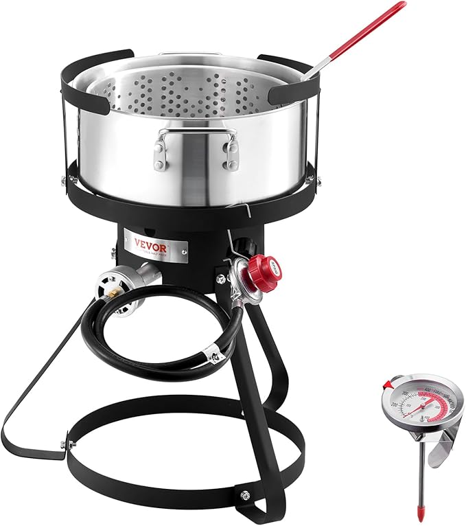 VEVOR 10 Qt Fish and Wing Fryer, Aluminum Propane Fish Fryer Kit, Outdoor Deep Fryer Seafood Pot with Thermometer, Strainer Basket, and 54,000 BTUs Propane Burners, for Outdoor and Backyard Cooking