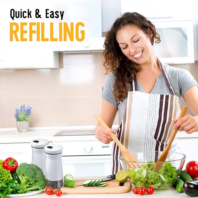 The Original Salt and Pepper Shakers set - White- Spice Dispenser with Adjustable Pour Holes - Stainless Steel & Glass - Set of 2 Bottles