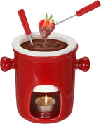BSTKEY 280ML Ceramic Butter Warmer Set with 2 Forks, Fondue Pot Melting Pot Set, Melt Hot Pot Bowl Set for Cheese Chocolate Butter Caramel (Red)