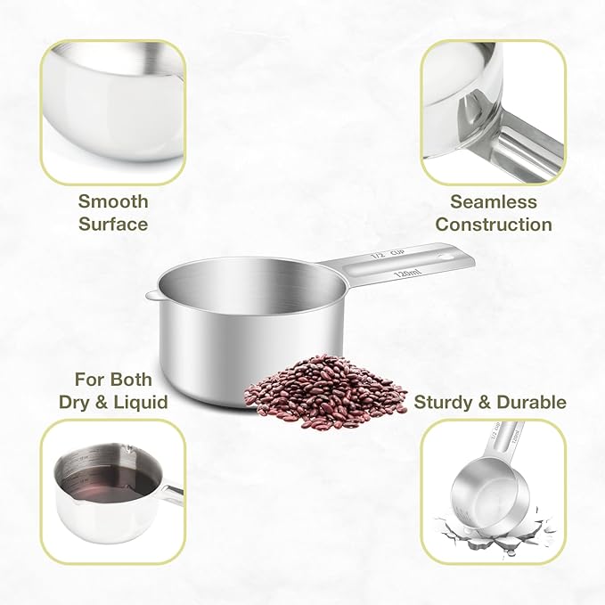 1PCS 1/2Cup (120ml, 4oz) Single Measuring Cup, Etched Inner Scale Stainless Steel Measure Scoop, Metric and US Measurement, Dishwasher Safe
