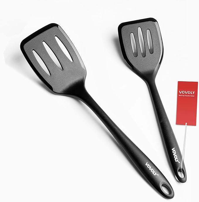 Silicone Spatula Set, 600°F Heat Resistant Silicone Spatula Turner Flipper for Cooking, Non Stick and Non Scratch Kitchen Utensils for Eggs & Fish, 2 Pack, Black