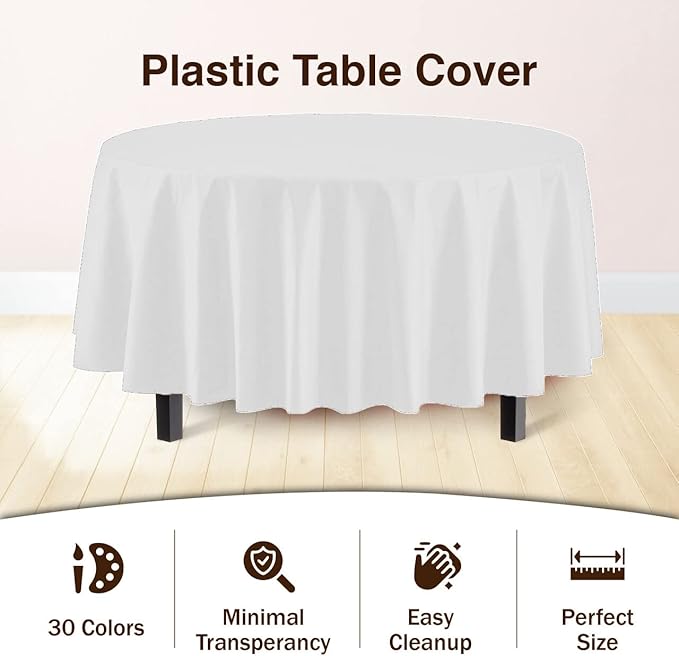 12-Pack Premium Plastic Tablecloth 84in. Round Table Cover - White