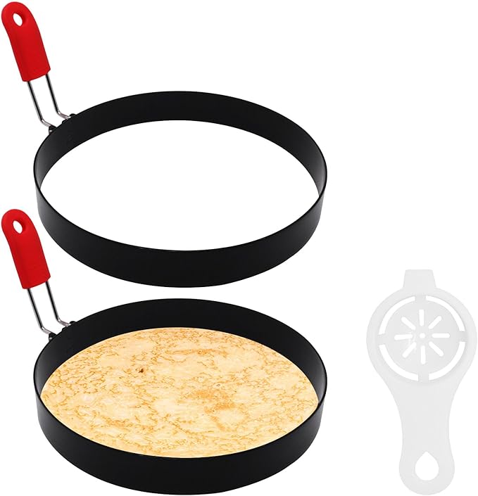 6 Inch Large Egg Rings for Frying Eggs with Foldable Handle, 2 Pack Stainless Steel Round Egg Shaper, Eggs Mcmuffin Ring Mold for Camping Pancake Sandwiches