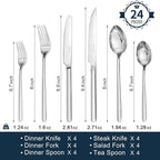KINGSTONE 24-Piece Silverware Set with Steak Knives, Flatware Set for 4, Stainless Steel Tableware Cutlery Set for Home Restaurant, Mirror Finish,Modern Design