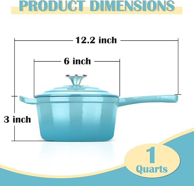 E-far Enameled Cast Iron Sauce Pan with Lid, 1 Quart Dutch Oven Saucepan, Mini Sauce Pot for Cooking, Boiling, Healthy & Non Toxic, Induction & Oven Safe, Light Blue