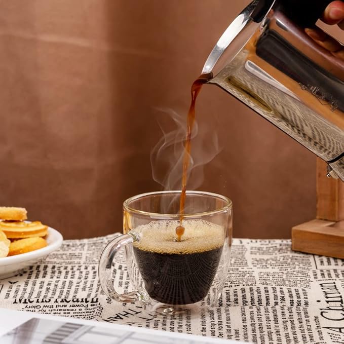 Double Wall Glass Coffee Mugs 5oz / 150ml, Set of 2 Insulated Mugs with Handles, Stylish Tazas de Cafe Con Estilo