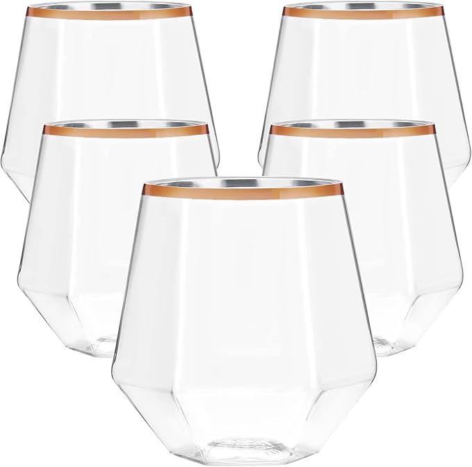 40 count Diamond Unbreakable Stemless Plastic Wine Champagne Whiskey Glasses Elegant Durable Disposable Indoor Outdoor Ideal for Home, Office, Bars, Wedding, 12 Ounce Cups Rose Gold Rim (Rose Gold)