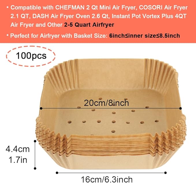 BYKITCHEN Square Air Fryer Liners for 2 to 5 Qt, Set of 100, 8 Inch Perforated Small Air Fryer Parchment Paper, Mini Air Fryer Filters for Basket, Compatible with Chefman, Instant Vortex, Dash & More